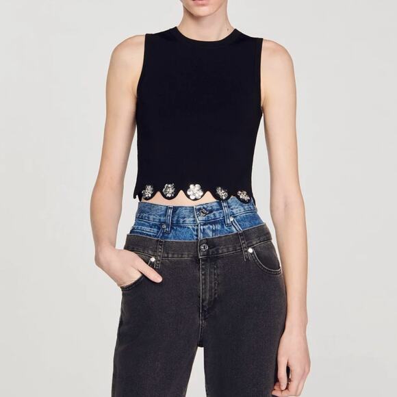 SANDRO Dalia Sleeveless Sweater Tank Silver Floral Applique Black Knit Sz S Z14 - Picture 1 of 5